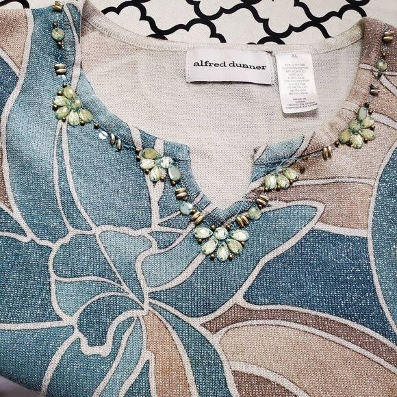 Alfred Dunner Women's XL Beaded V-Neck Leaf Print Glitter Knit Top Short Sleeve - Picture 5 of 7